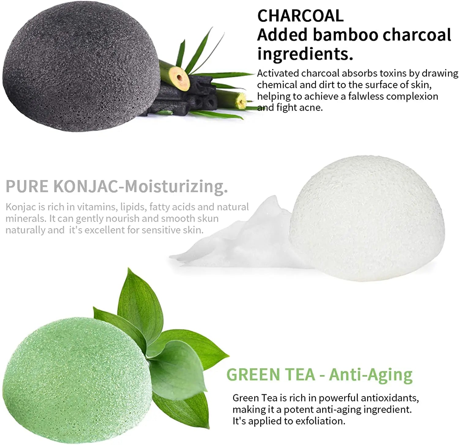 Lumivo Konjac Sponge 3-Pack varieties — original, activated charcoal, and green tea options