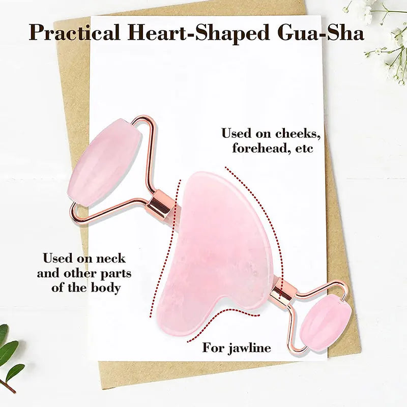 Lumivo Rose Quartz Roller & Gua Sha Set flat lay — complete facial massage tools