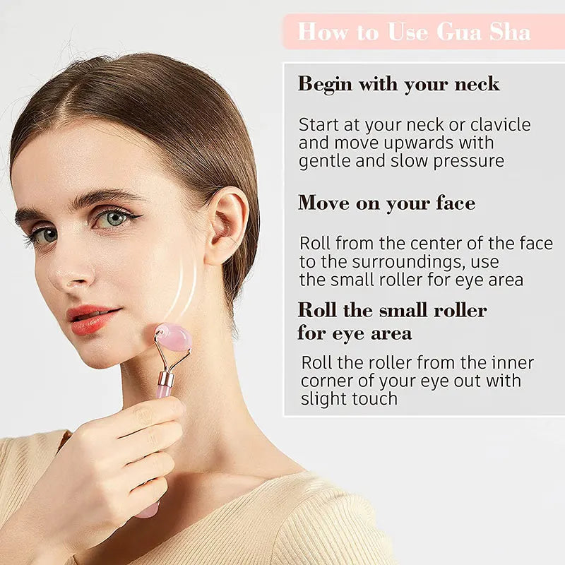 Lumivo gua sha stone in use — lymphatic drainage technique along neck and jawline