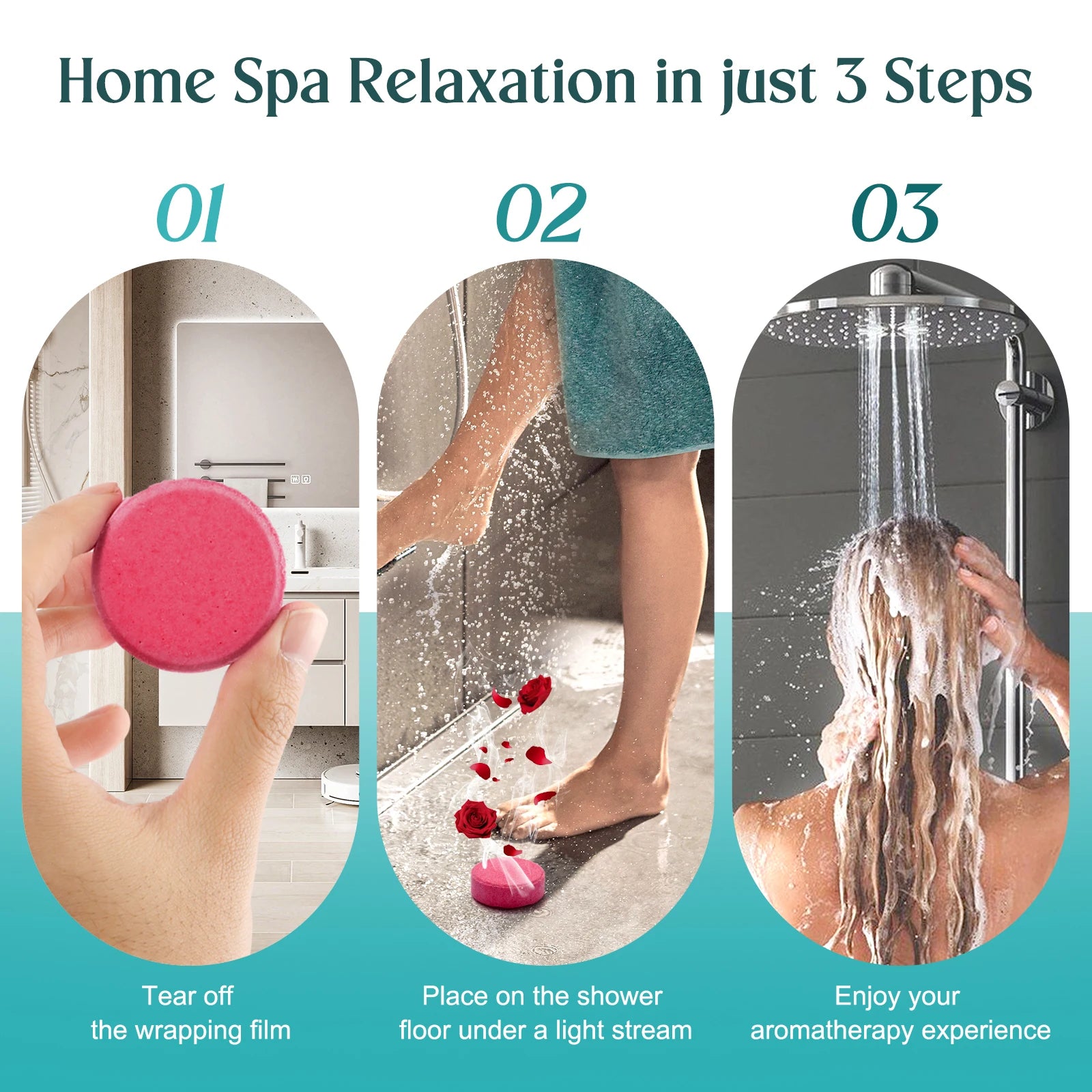 Lumivo 12-Pack Shower Steamers flat lay — individually wrapped shower aromatherapy tablets