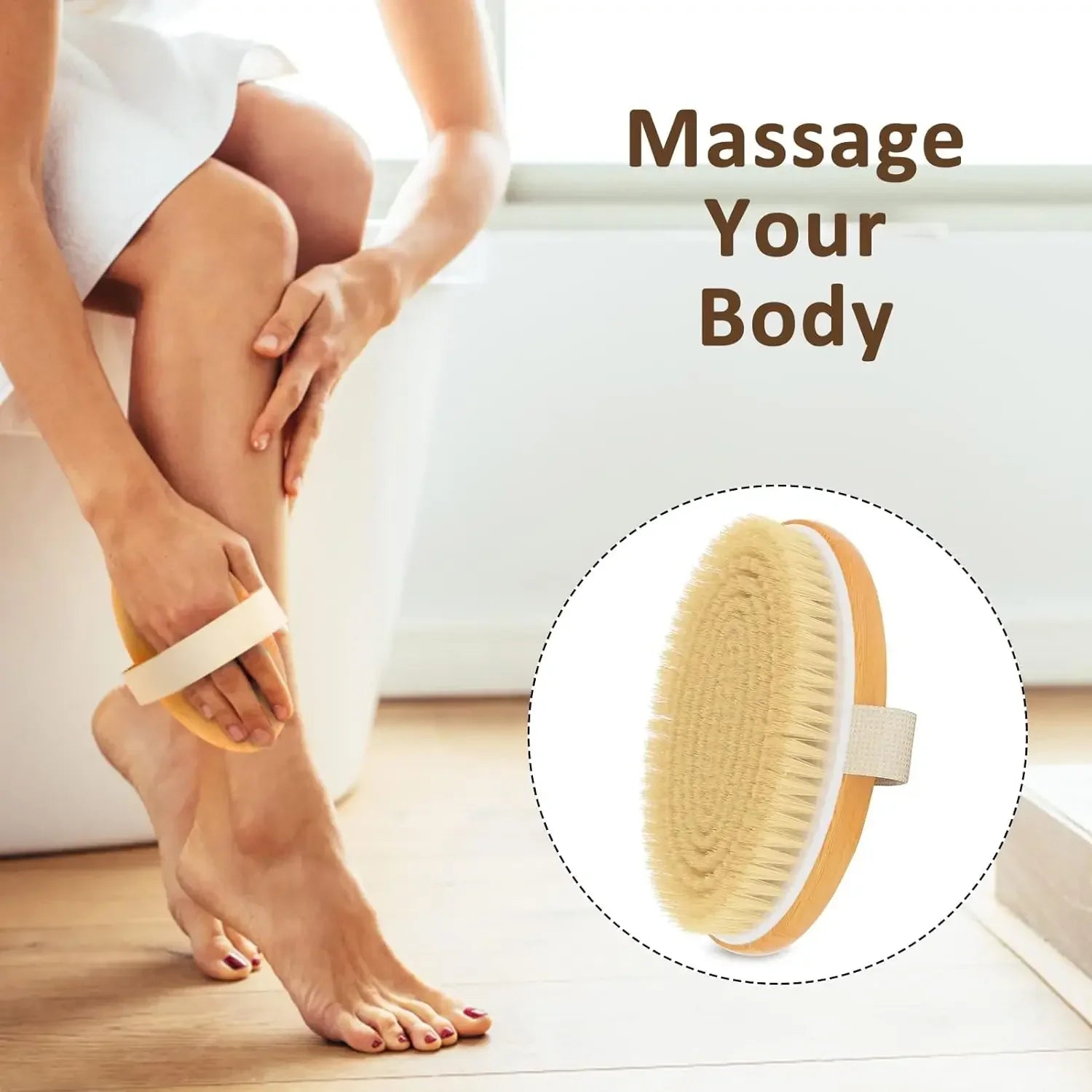 Woman dry brushing with Lumivo body brush — circular motion technique on legs