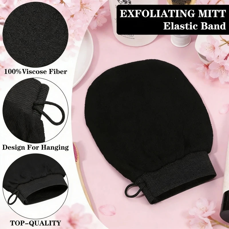 Woman using Lumivo Exfoliating Mitt in shower — removing dead skin with circular motion