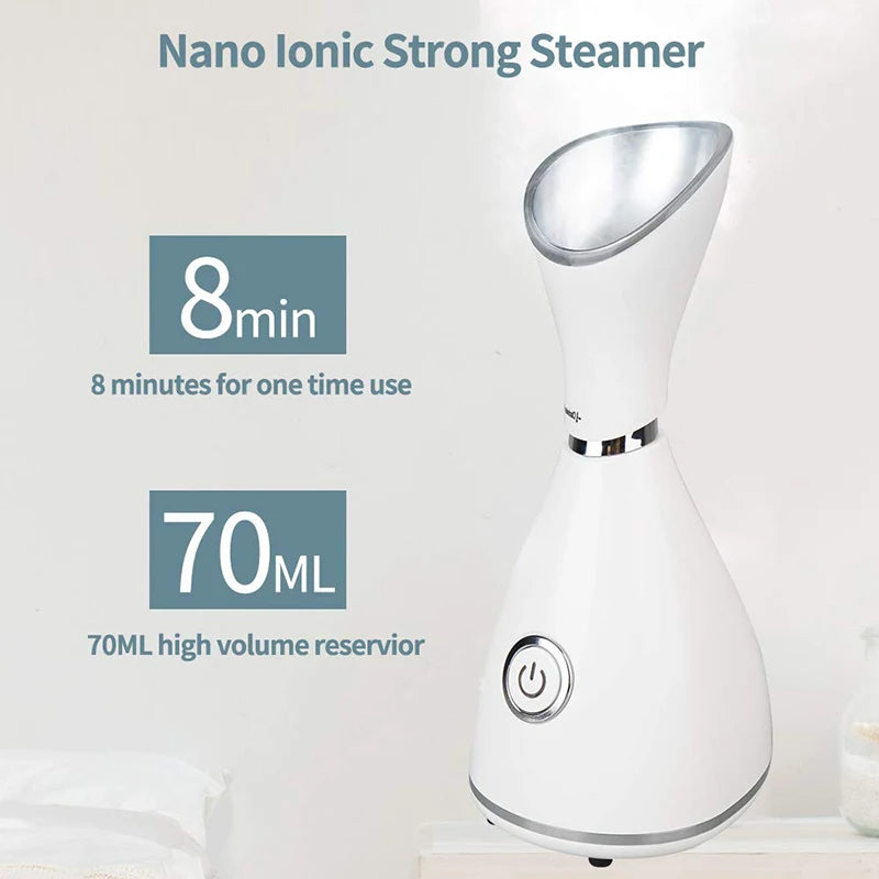 Woman using Lumivo Facial Steamer — nano mist directed at face for deep pore cleansing
