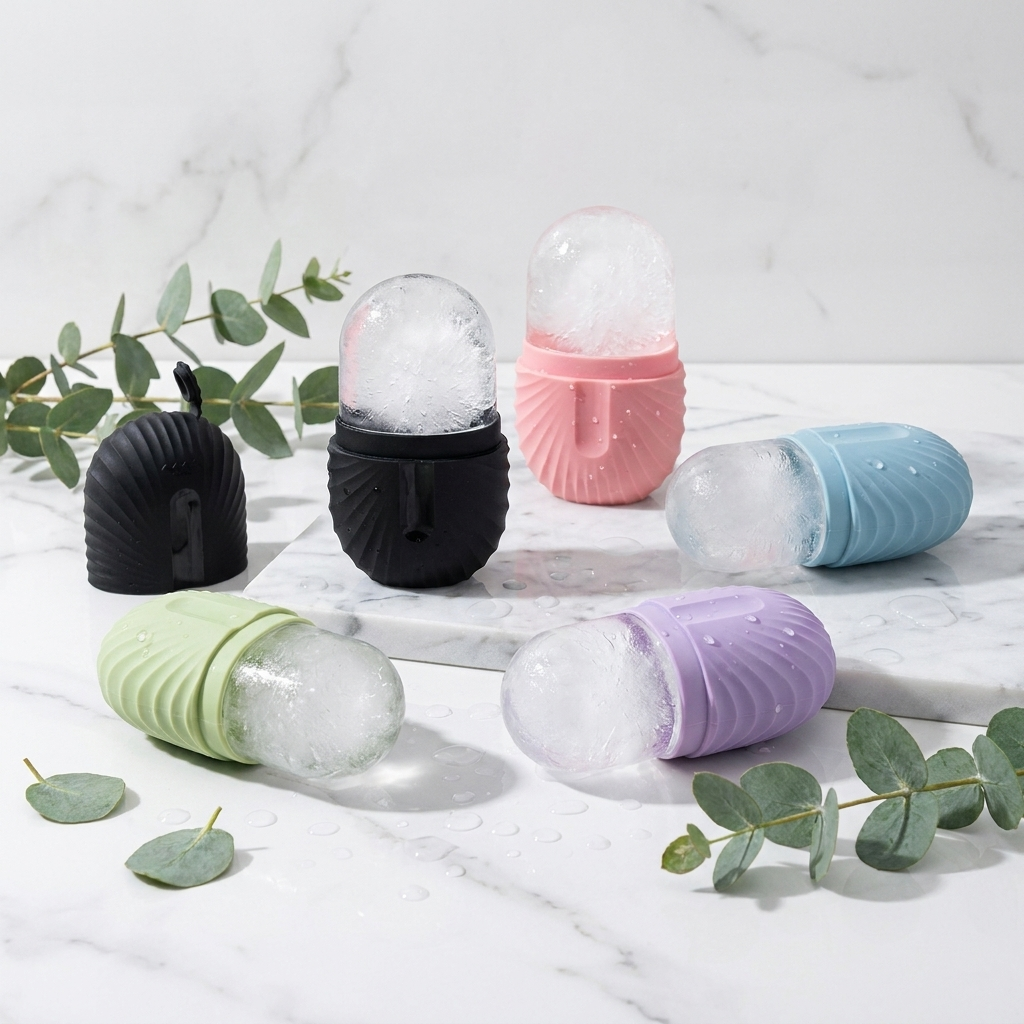 Lumivo Ice Roller Face Massager — multiple pastel colors displayed on white marble